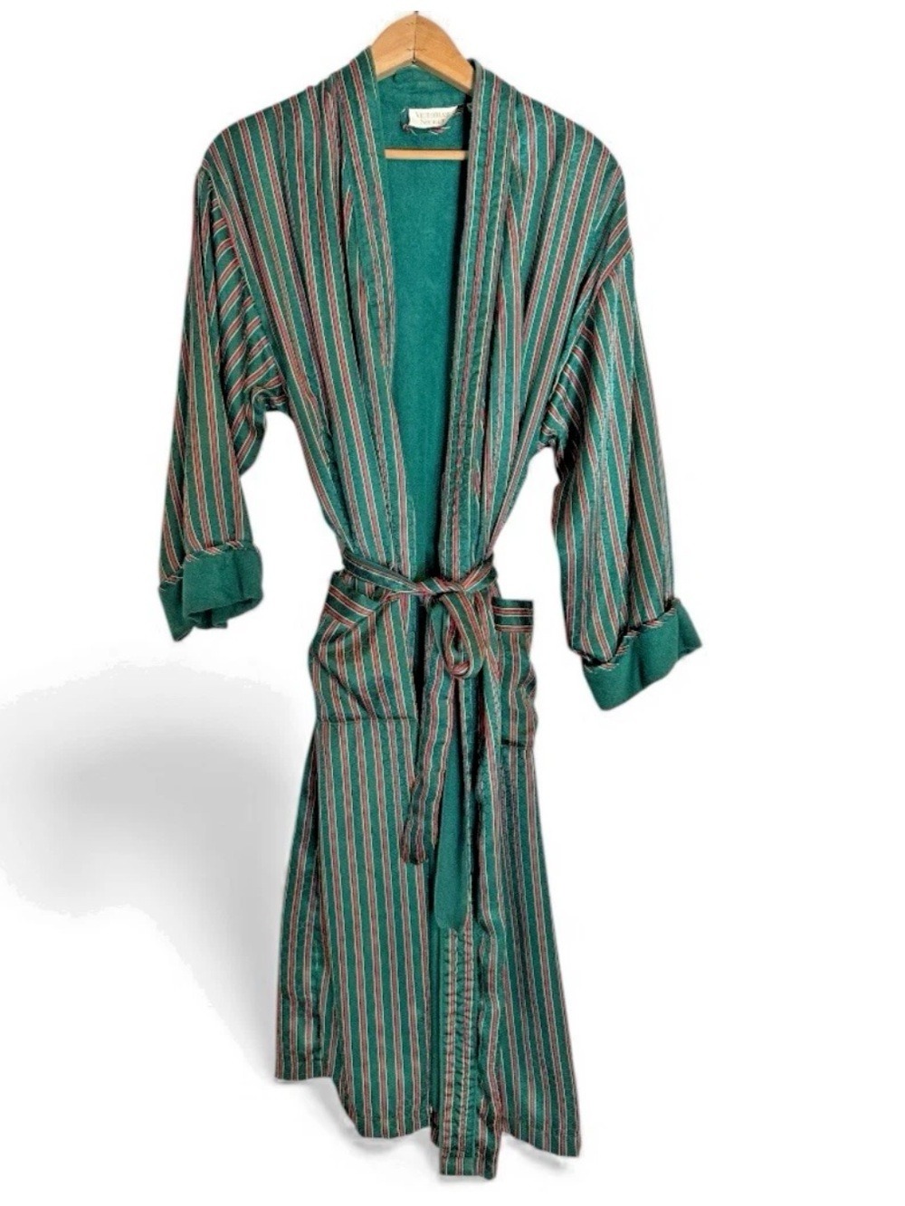Vintage Victoria's Secret Gold Label Green Red Striped Robe Satin Medium/ Large